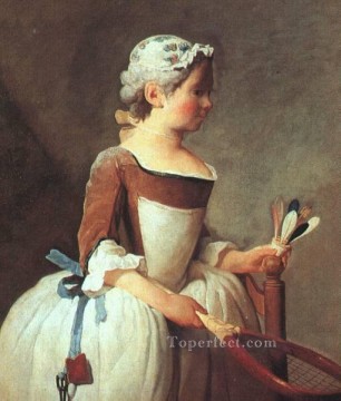 ジャン・バティスト・シメオン・シャルダン Painting - ラケットと羽根を持つ少女 ジャン・バティスト・シメオン・シャルダン